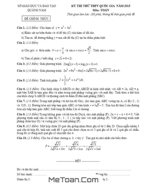 Đề thi thử THPT Quốc gia 2015 môn Toán tỉnh Quảng Nam