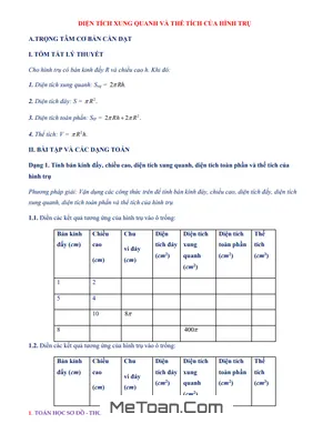 Chuyên Đề Hình Trụ, Diện Tích Xung Quanh Và Thể Tích Của Hình Trụ Lớp 9