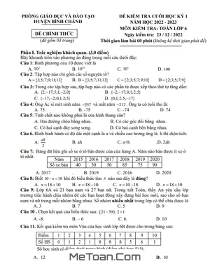 Đề thi học kỳ 1 Toán lớp 6 năm 2022 - 2023 phòng GD&ĐT Bình Chánh - TP HCM