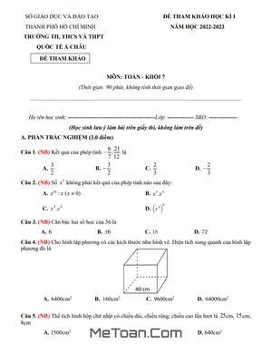 Đề Tham Khảo Cuối Kỳ 1 Toán 7 Năm 2022 - 2023 Trường Quốc Tế Á Châu - TP. HCM