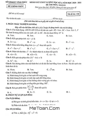 Đề thi học kì 1 Toán lớp 8 năm học 2020 - 2021 Sở GD&ĐT Vĩnh Phúc
