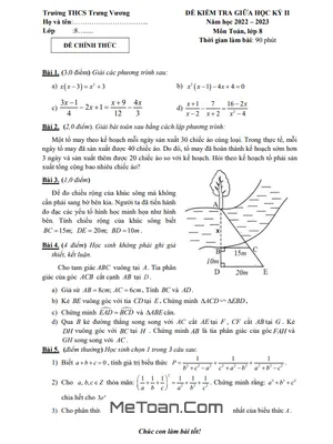 Đề thi giữa kì 2 Toán 8 năm 2022 - 2023 trường THCS Trưng Vương - Hà Nội có đáp án