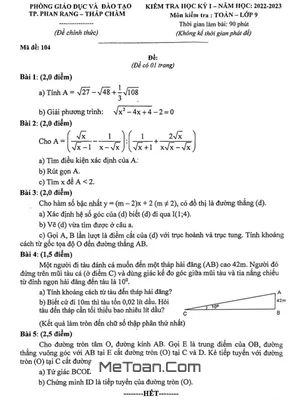 Đề HK1 Toán 9 năm 2022 – 2023 phòng GD&ĐT Phan Rang – Tháp Chàm – Ninh Thuận