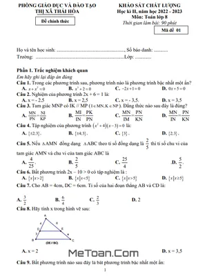 Đề Thi Học Kì 2 Môn Toán Lớp 8 Năm 2022 - 2023 Phòng GD&ĐT Thái Hòa - Nghệ An