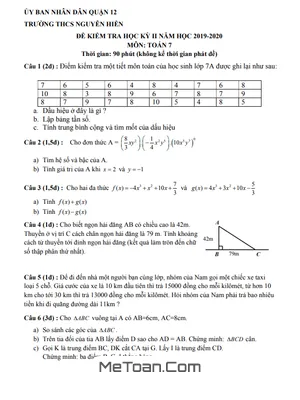 Đề thi học kì 2 Toán 7 năm 2019 - 2020 trường THCS Nguyễn Hiền - TP.HCM (có đáp án)