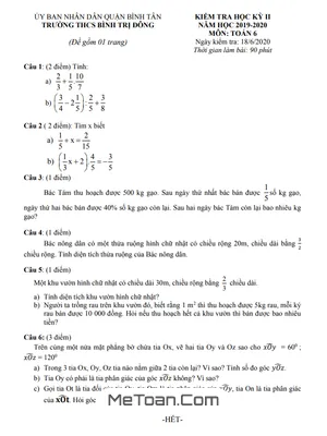 Đề kiểm tra học kì 2 Toán lớp 6 năm 2019 - 2020 trường THCS Bình Trị Đông - TP.HCM (có đáp án)