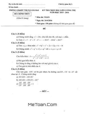Đề thi HSG Toán 8 năm 2015 - 2016 phòng GD&ĐT thị xã Giá Rai, Bạc Liêu