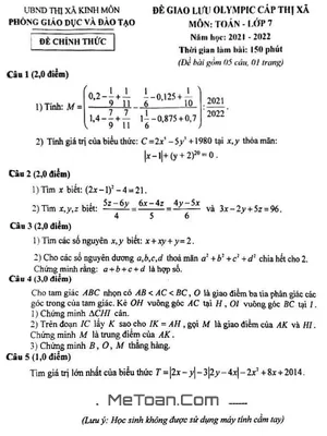 Đề Olympic Toán 7 Năm 2021 - 2022 Phòng GD&ĐT Kinh Môn - Hải Dương