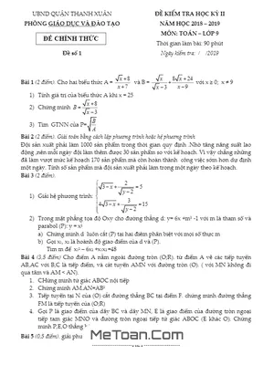 Đề thi học kỳ 2 Toán 9 năm 2018 - 2019 phòng GD&ĐT Thanh Xuân - Hà Nội