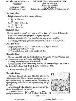 Đề thi tuyển sinh lớp 10 môn Toán năm 2023 - 2024 Sở GD&ĐT An Giang