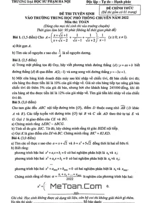 Đề thi tuyển sinh lớp 10 chuyên Toán trường ĐHSP Hà Nội năm 2022