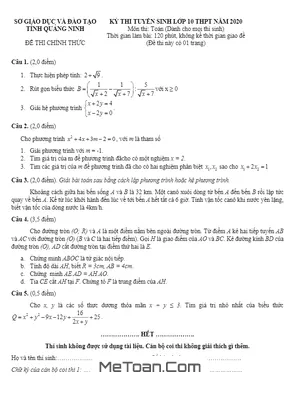 Đề thi tuyển sinh lớp 10 môn Toán năm 2020 - 2021 Sở GD&ĐT Quảng Ninh