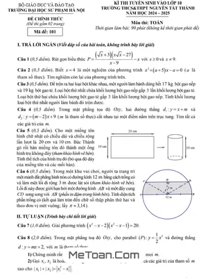 Đề thi tuyển sinh lớp 10 môn Toán năm 2024 - 2025 trường Nguyễn Tất Thành - Hà Nội