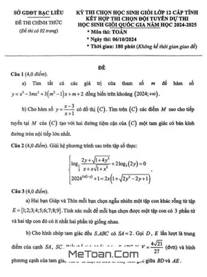 Đề chọn học sinh giỏi Toán 12 cấp tỉnh năm 2024 - 2025 sở GD&ĐT Bạc Liêu