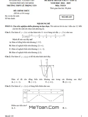 Đề giữa học kỳ 1 Toán 12 năm 2024 - 2025 trường THPT Lê Trọng Tấn - TP HCM