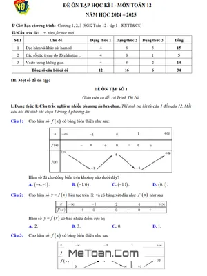 Tổng hợp Đề Ôn Tập Cuối Kì 1 Toán 12 Năm 2024 - 2025 trường THPT Việt Đức - Hà Nội