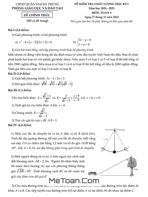 Đề thi học kỳ 1 Toán 9 năm 2024 - 2025 phòng GD&ĐT Hai Bà Trưng - Hà Nội