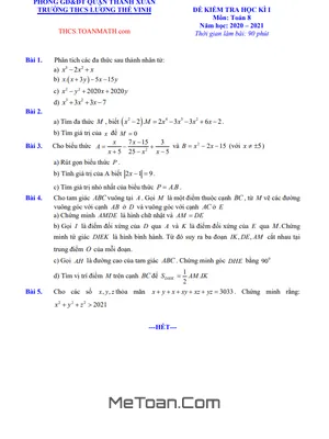 Đề thi học kì 1 Toán 8 năm 2020 - 2021 trường Lương Thế Vinh - Hà Nội