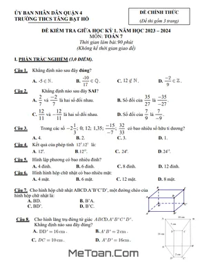 Đề Thi Giữa Kỳ 1 Môn Toán Lớp 7 Năm 2023 - 2024 Trường THCS Tăng Bạt Hổ - TP.HCM