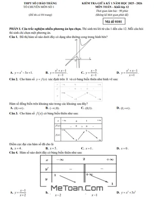 Đề Thi Giữa Kỳ 1 Môn Toán Lớp 12 Năm 2025 - 2026 Trường THPT Bảo Thắng 3, Lào Cai (Kèm Đáp Án)