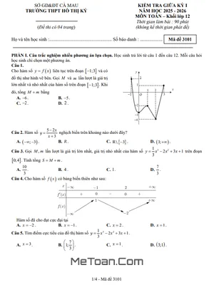 Đề Thi Giữa Kỳ 1 Toán 12 Năm Học 2025-2026 Trường THPT Hồ Thị Kỷ - Cà Mau (Có Đáp Án)