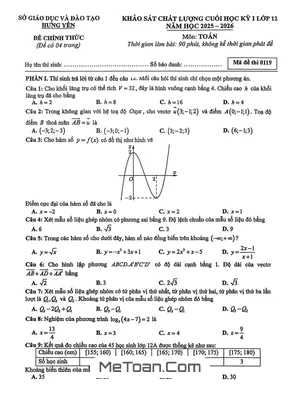 Đề Thi Cuối Học Kỳ 1 Môn Toán 12 Năm Học 2025-2026 Sở GD&ĐT Hưng Yên