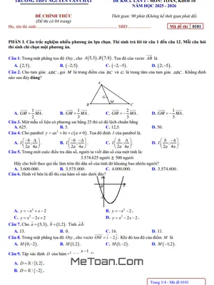 Đề Khảo Sát Chất Lượng Lần 1 Môn Toán 10 Năm Học 2025 – 2026 Trường THPT Nguyễn Văn Chất – Phú Thọ