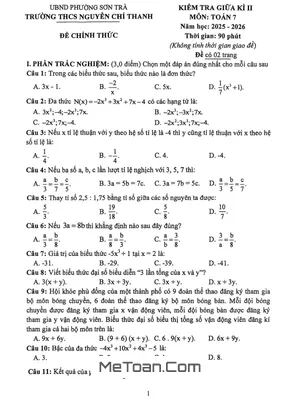 Đề Thi Giữa Kỳ 2 Toán 7 Năm 2025 – 2026 Trường THCS Nguyễn Chí Thanh, Đà Nẵng