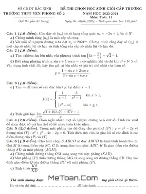 Đề thi HSG Toán 11 năm 2023 - 2024 trường THPT Yên Phong 2 - Bắc Ninh (có đáp án)