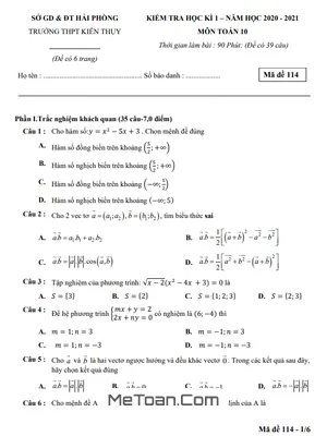 Đề thi HK1 Toán 10 năm 2020 - 2021 trường THPT Kiến Thụy - Hải Phòng