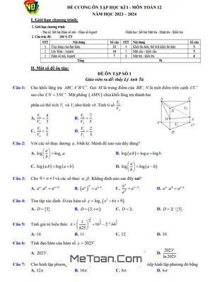 Bộ 05 Đề Ôn Tập Cuối Kì 1 Toán 12 Năm 2023 - 2024 Trường THPT Việt Đức - Hà Nội