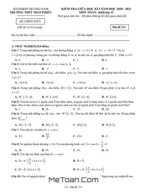 Đề thi giữa HK1 Toán 11 năm 2020 - 2021 trường THPT Thái Phiên - Quảng Nam