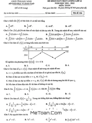 Đề khảo sát chất lượng Toán 12 năm 2021-2022 Sở GD&ĐT Bắc Ninh (12 mã đề)