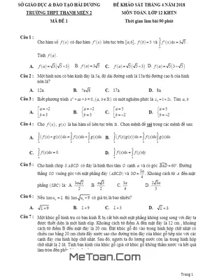 Đề khảo sát Toán 12 tháng 4/2018 trường THPT Thanh Miện 2 – Hải Dương