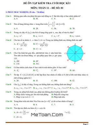 12 Đề Ôn Tập Kiểm Tra Cuối Học Kì 1 Môn Toán 11 (70% TN + 30% TL)