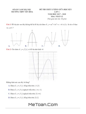 Đề thi chất lượng giữa học kỳ I môn Toán lớp 12 trường THPT Yên Hòa - Hà Nội năm 2017 - 2018