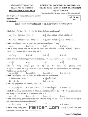 Đề thi học kì 2 Toán 12 năm 2019 - 2020 trường THPT Bùi Thị Xuân - TP HCM