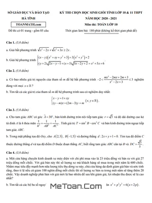 Đề thi HSG Toán 10 năm 2020 - 2021 Sở GD&ĐT Hà Tĩnh