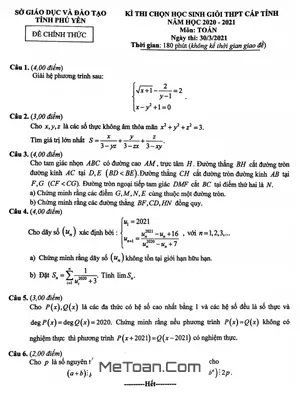 Đề thi HSG Toán THPT cấp tỉnh năm 2020 - 2021 Sở GD&ĐT Phú Yên