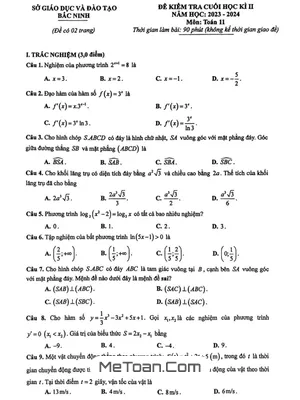 Đề kiểm tra cuối kì 2 Toán 11 năm 2023 - 2024 sở GD&ĐT Bắc Ninh