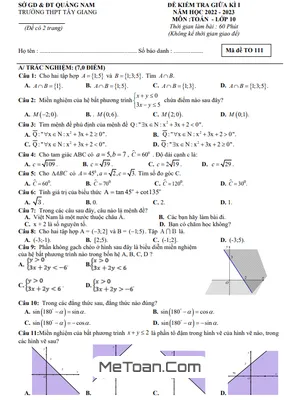 Đề Thi Giữa Học Kì 1 Toán 10 Năm 2022 - 2023 Trường THPT Tây Giang - Quảng Nam