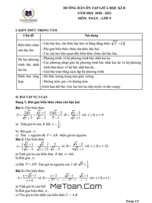 Hướng Dẫn Ôn Tập Giữa Kì 2 Toán 9 Năm 2020 - 2021 Trường Vinschool - Hà Nội