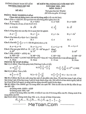 Đề thi học kì 1 Toán 7 năm 2020 - 2021 trường THCS Mễ Trì - Hà Nội (có đáp án)