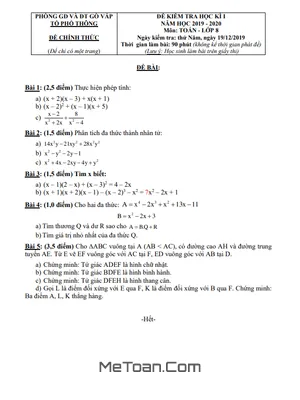 Đề thi học kỳ 1 Toán lớp 8 năm 2019 - 2020 phòng GD&ĐT Gò Vấp - TP HCM