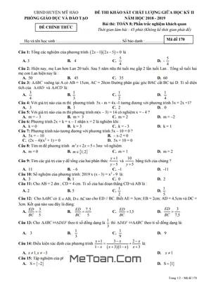Đề thi giữa học kỳ 2 Toán 8 năm 2018 - 2019 phòng GD&ĐT Mỹ Hào - Hưng Yên