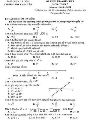 Đề thi giữa kì 1 Toán 7 năm 2023 - 2024 trường THCS Văn Yên - Hà Nội