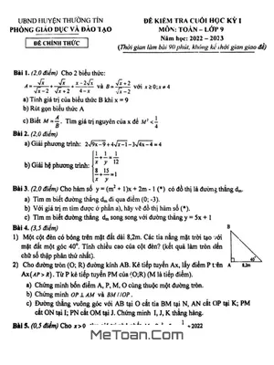 Đề thi học kỳ 1 Toán lớp 9 năm 2022 - 2023 phòng GD&ĐT Thường Tín - Hà Nội