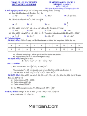 Đề kiểm tra giữa kì 2 Toán 7 năm 2018 - 2019 trường THCS Minh Khai - Hà Nội