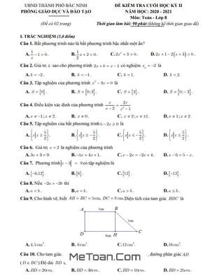 Đề thi học kì 2 Toán 8 năm 2020 - 2021 phòng GD&ĐT Bắc Ninh