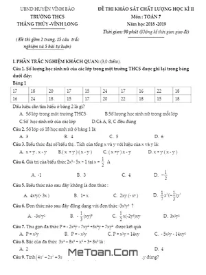 Đề thi HK2 Toán lớp 7 năm 2018 - 2019 trường THCS Thắng Thủy - Vĩnh Long - Hải Phòng